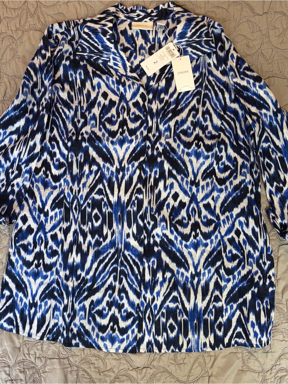 Chico's Shirt Sz 2 Large Linen Women’s Blue/White Ikat Abstract 100% Linen Tunic - Picture 3 of 11